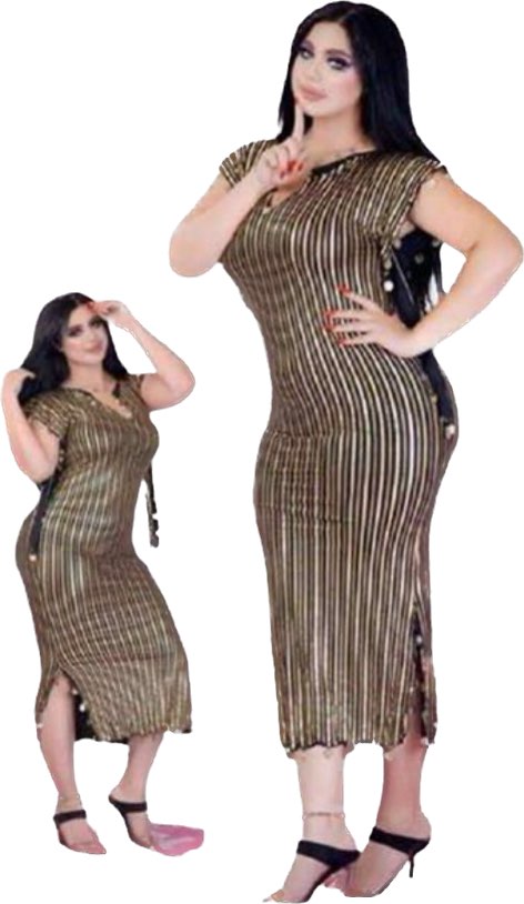 A person wearing a traditional Egyptian Saidi costume, featuring a black and blue striped pattern, commonly known as a Galabia, used for belly dance performances.