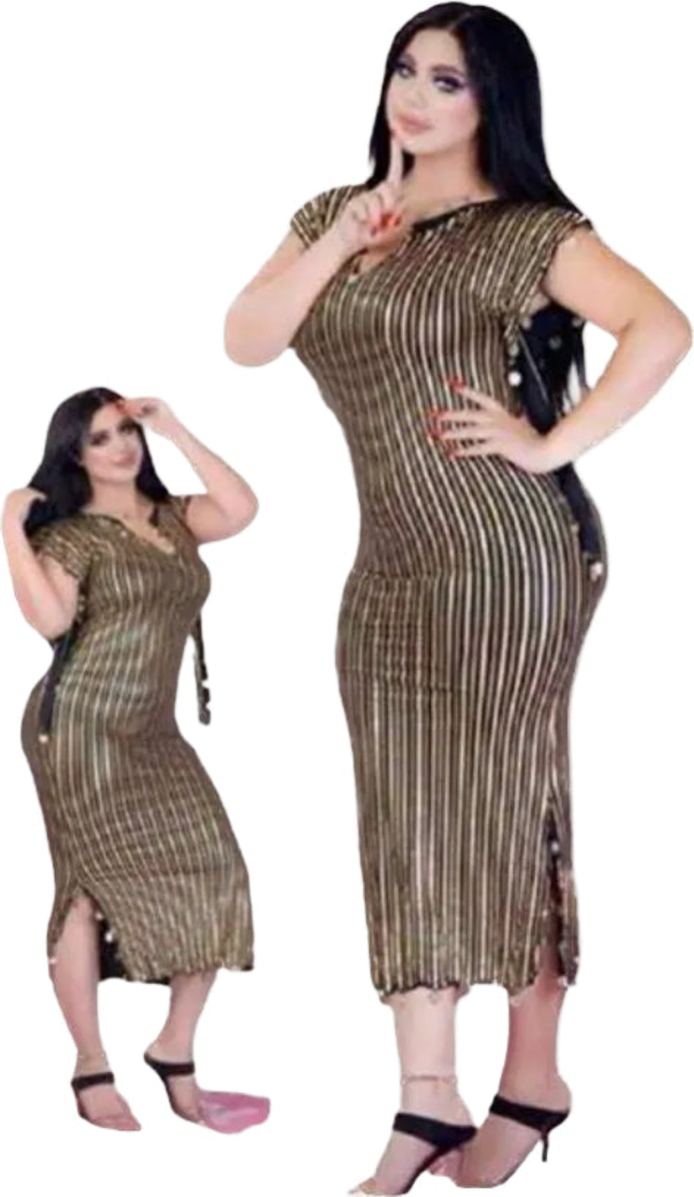 Two women wearing gold and black patterned dresses on a white background