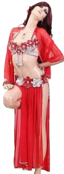Red belly dance costume with intricate designs on a white background