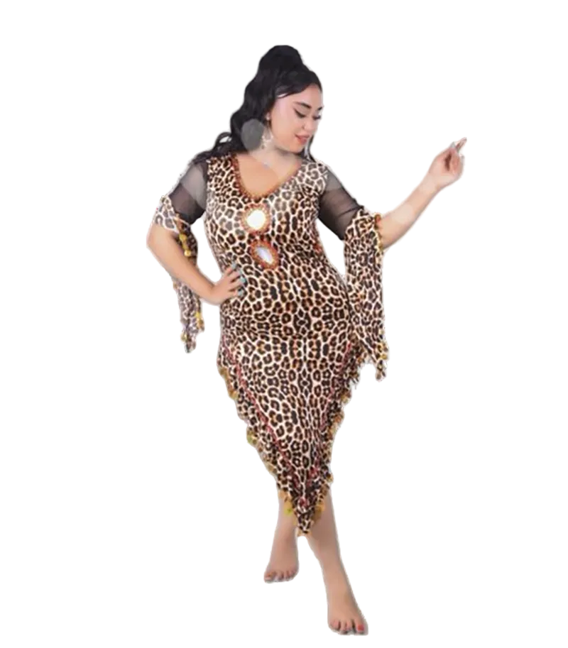 Leopard print belly dance dress, handmade embellished dancing outfit, one-size
