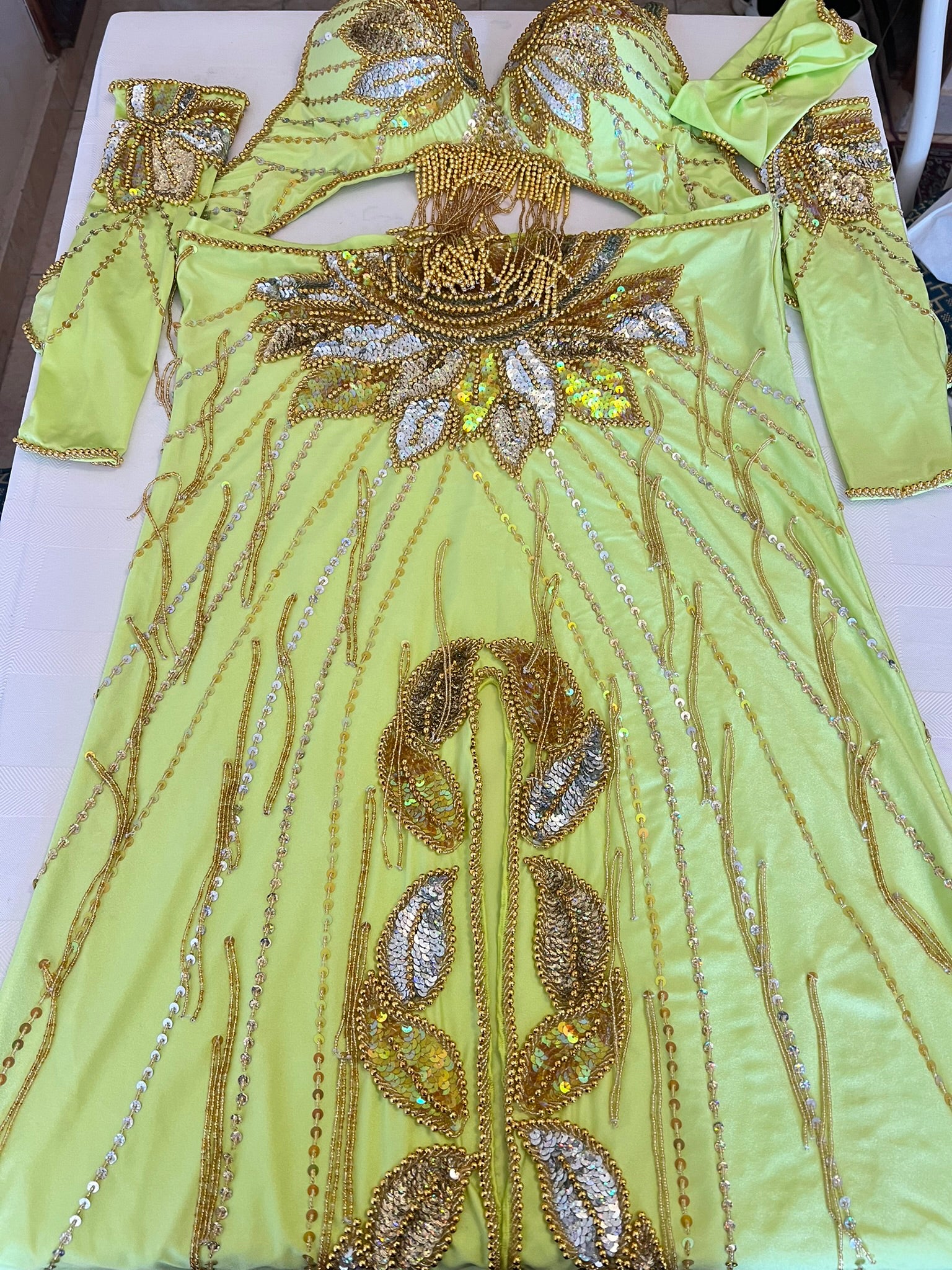 Vibrant Lime yellow Professional belly dance costume/ Colourful sequined authentic Egyptian dance skirt and bra outfit