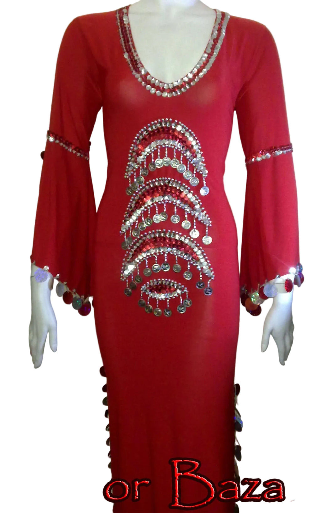 Red dress with intricate beading and embroidery on a mannequin against a white background.