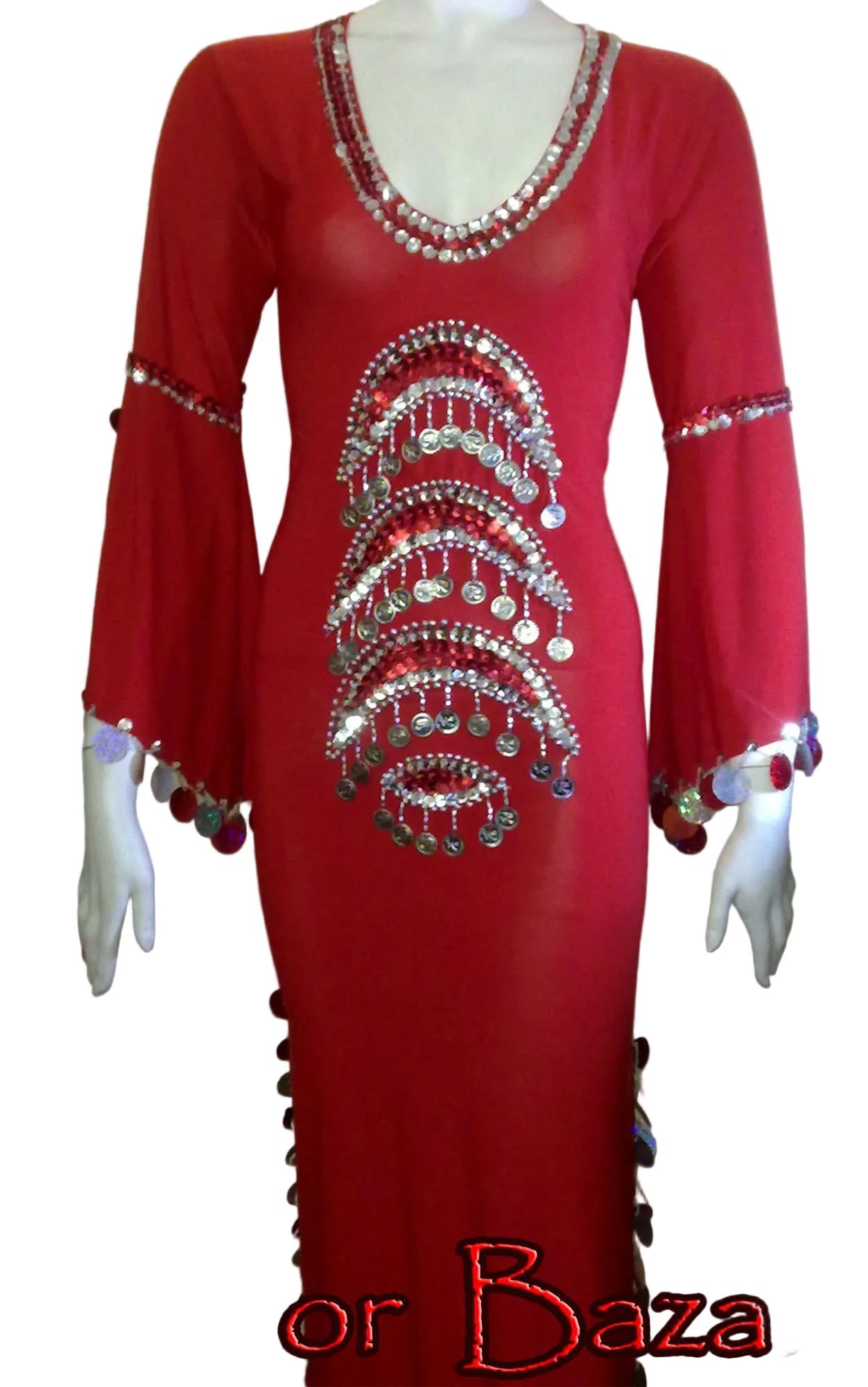Red dress with intricate beading and embroidery on a mannequin against a white background.