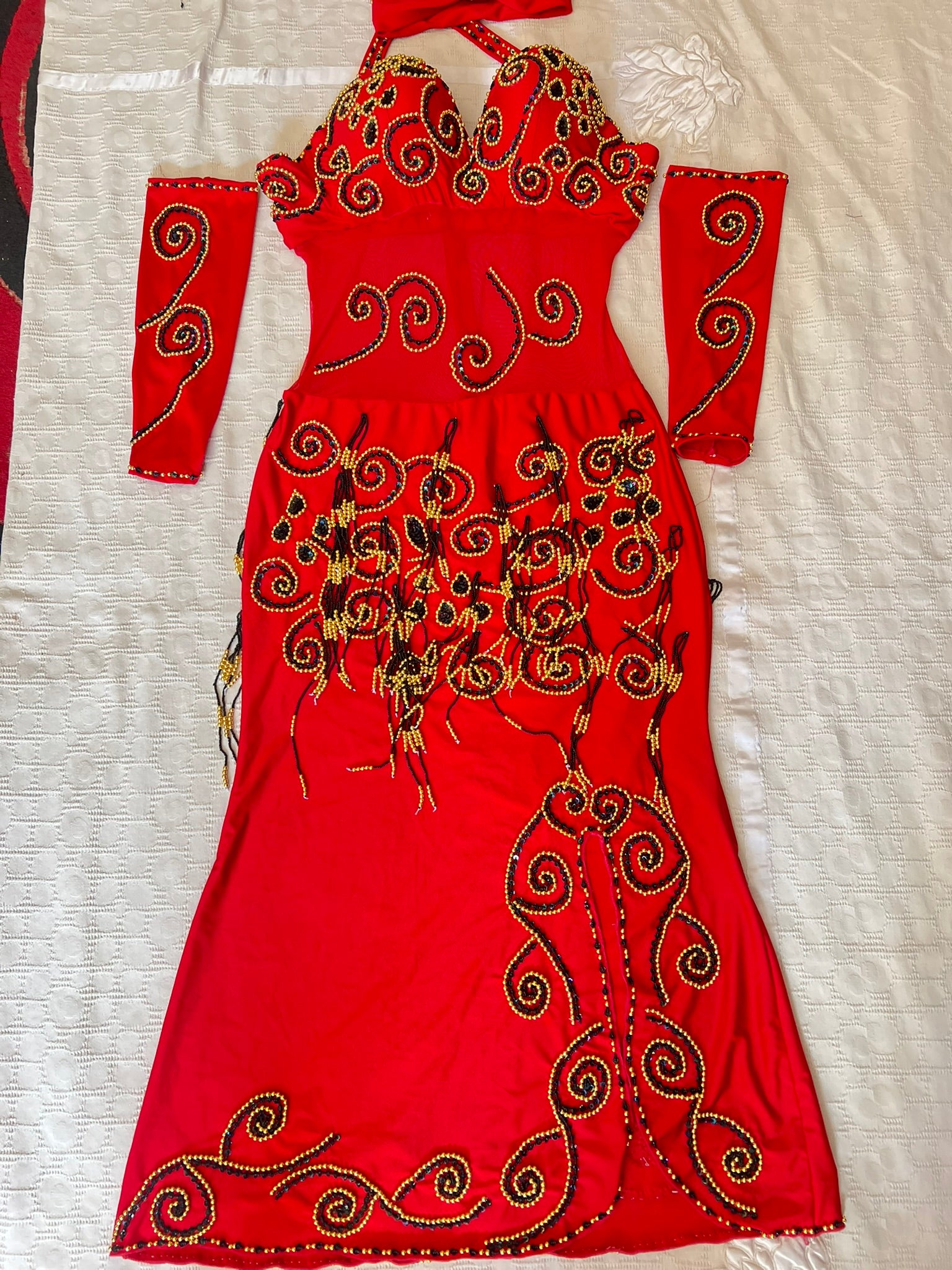 Vibrant Red Egyptian professional belly dance dress oriental dance outfit with arm pieces & head pieces handmade Embellished made to order.