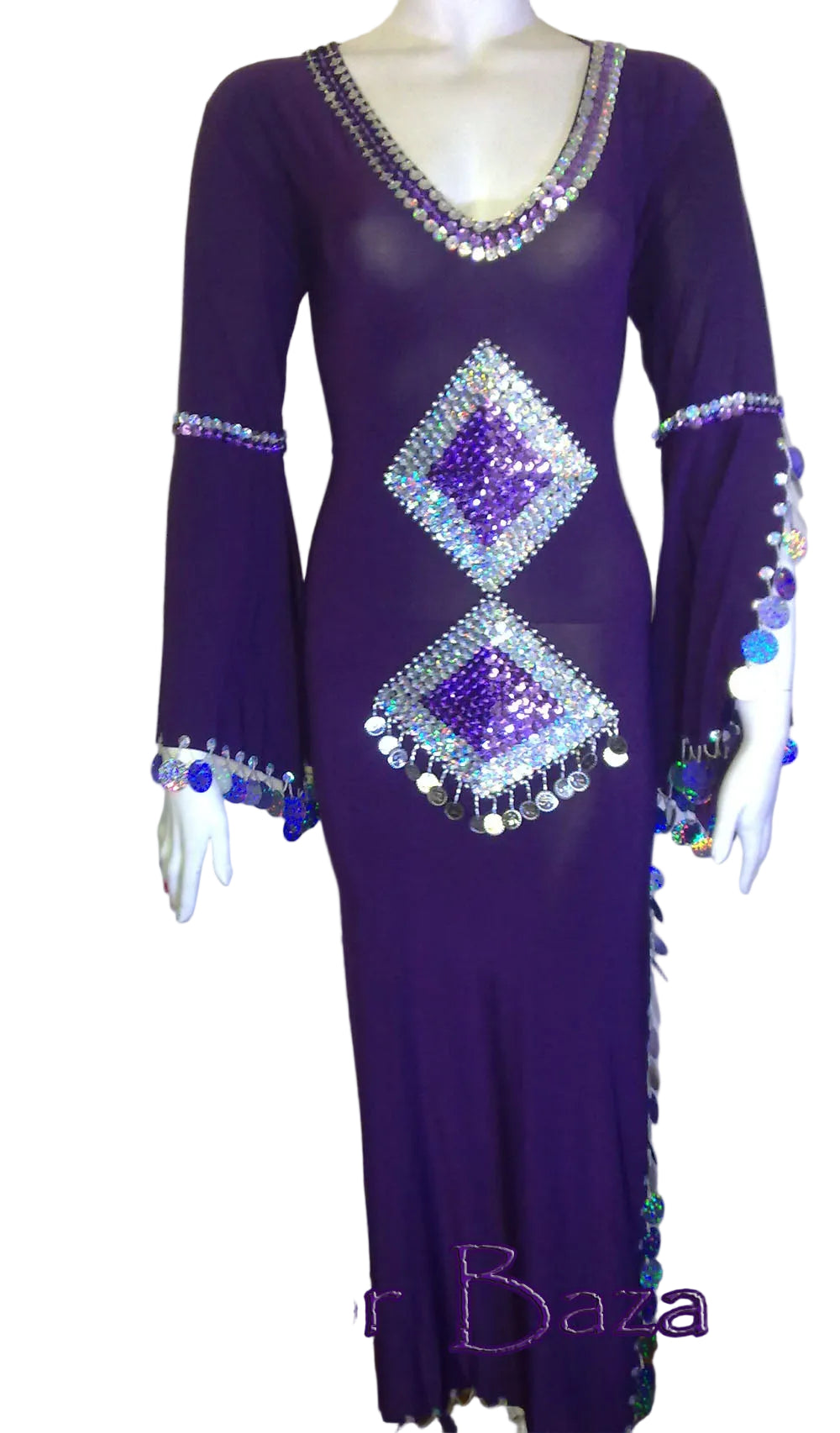 Purple belly dance dress with diamond patterns and beading on a mannequin, branded 'Luxor Bazar'.