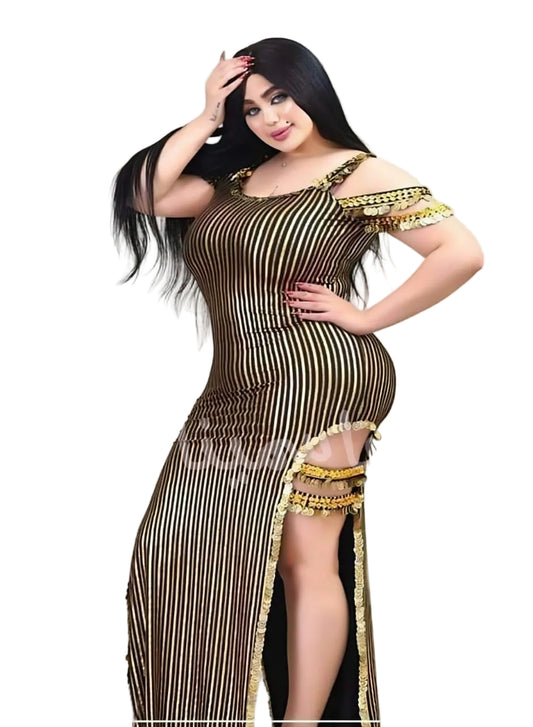 Woman wearing a brown and gold dress with a high slit on a white background