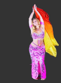 Dancer in a pink costume with colorful scarf on a dark background