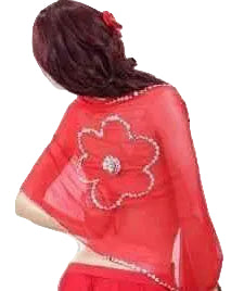 Red garment with floral design and embellishments on a plain background