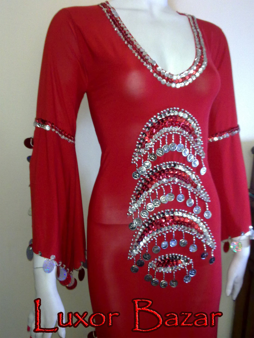 Belly Dance Galabia – Handmade Egyptian Folklore Dance Costume with Embroidery, Stretchable One‑Size Fit