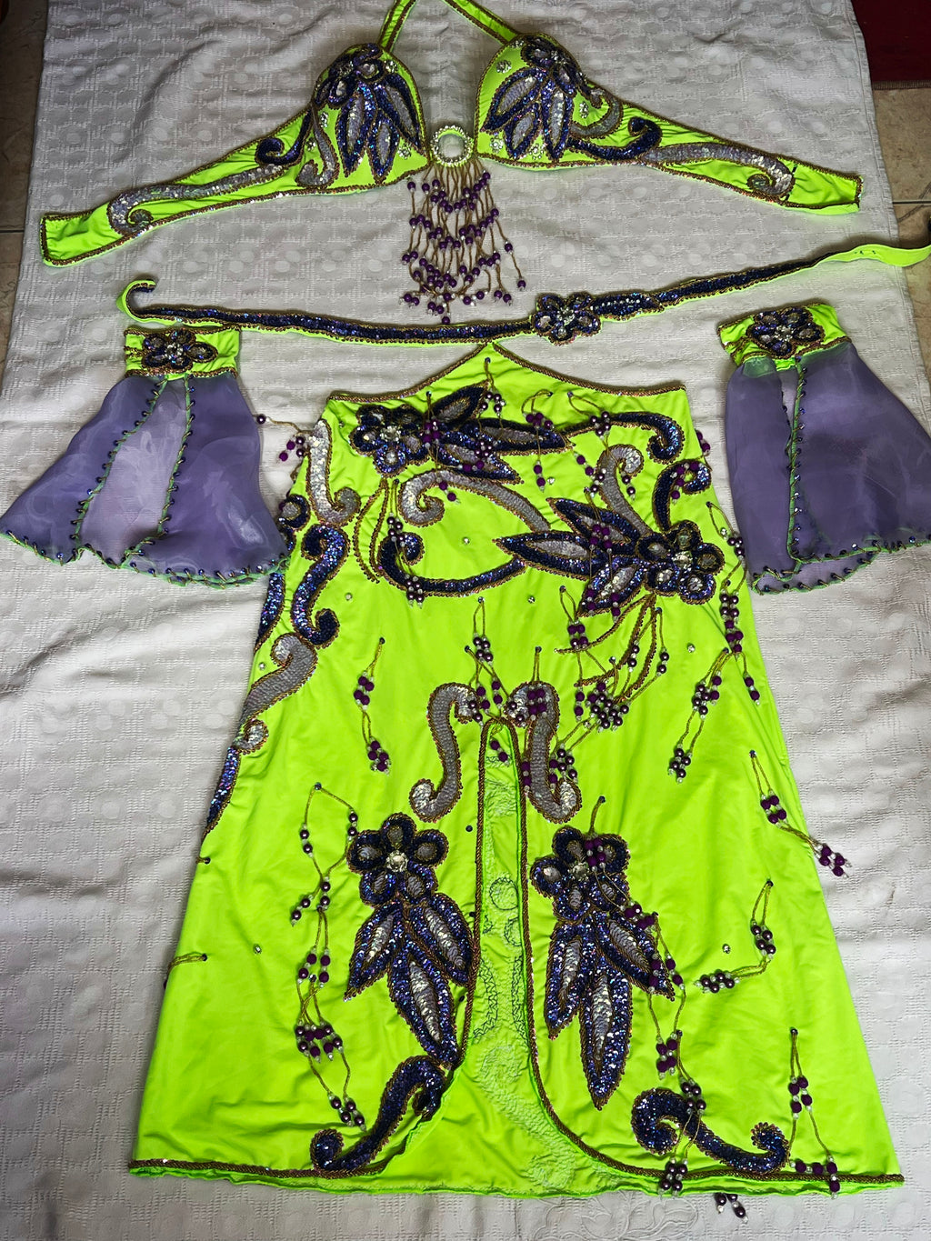 Authentic Egyptian belly dance costume/ Bright lime green with purple sequins