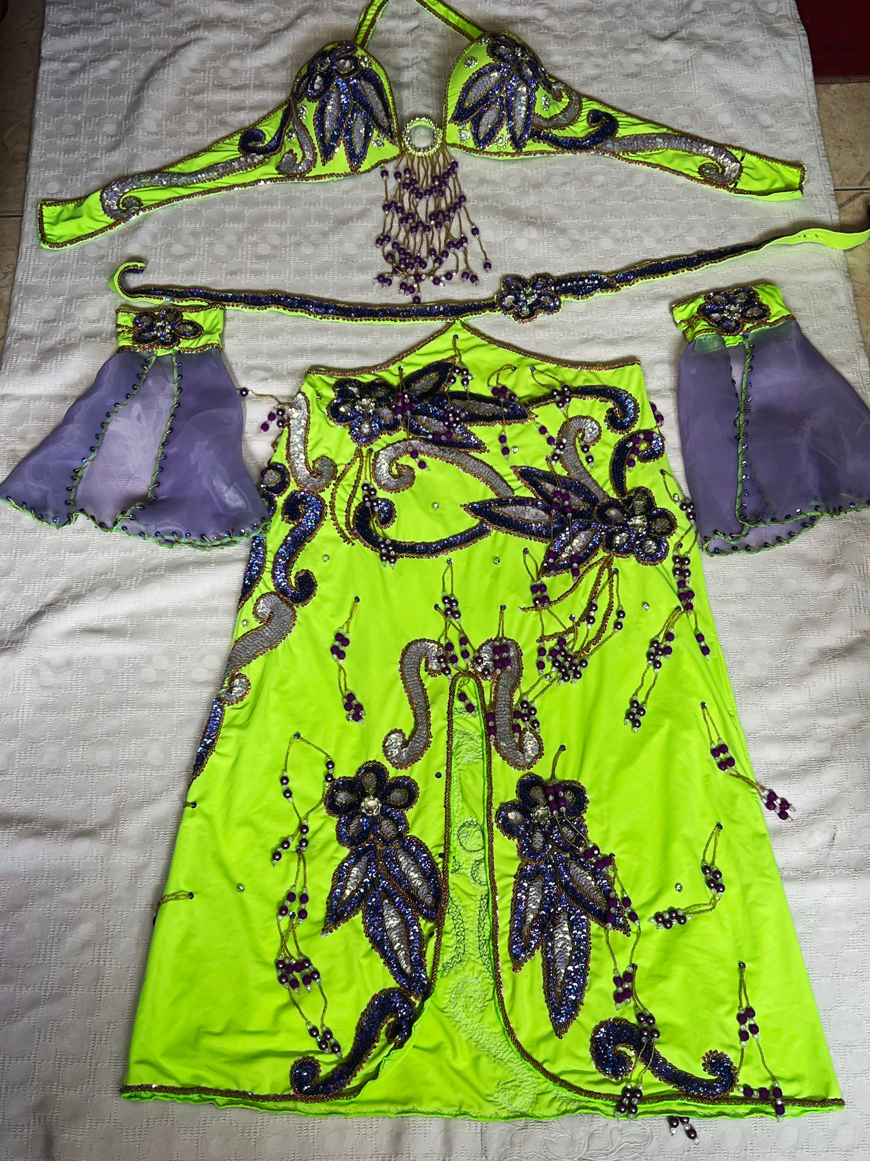 Authentic Egyptian belly dance costume/ Bright lime green with purple sequins