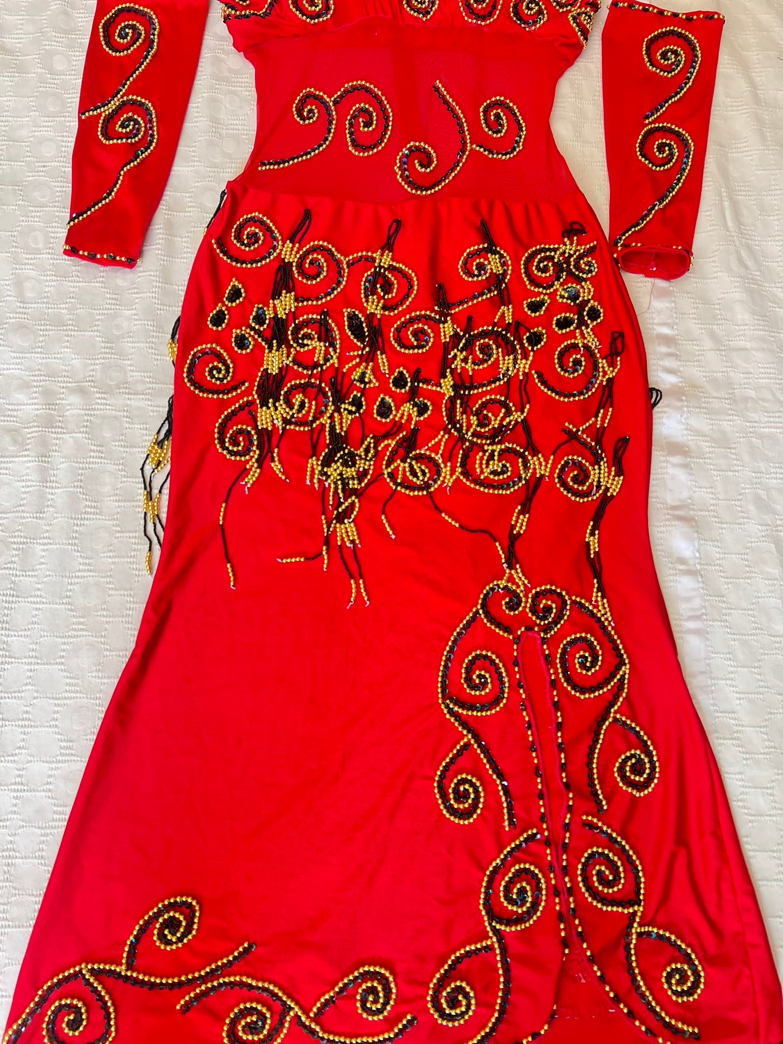 Vibrant Red Egyptian professional belly dance dress oriental dance outfit with arm pieces & head pieces handmade Embellished made to order.