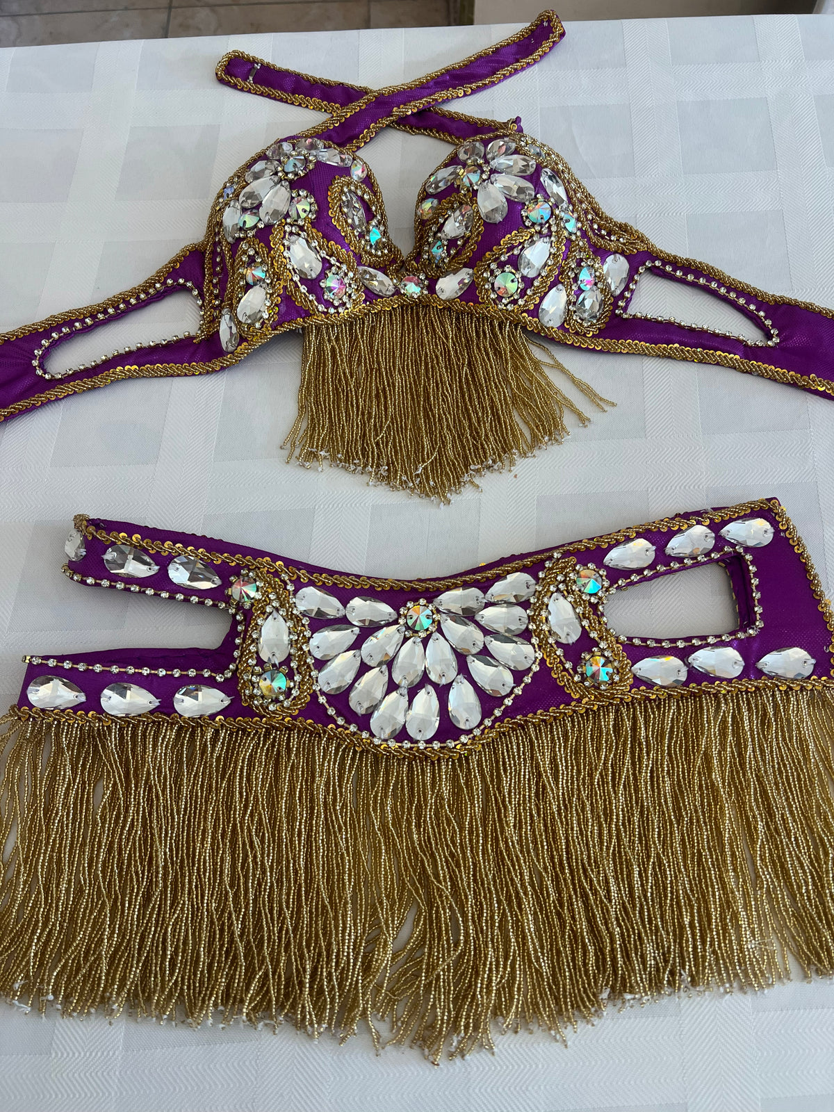 Elegant Purple Belly dance belt and bra set- Made to order Dancing costume