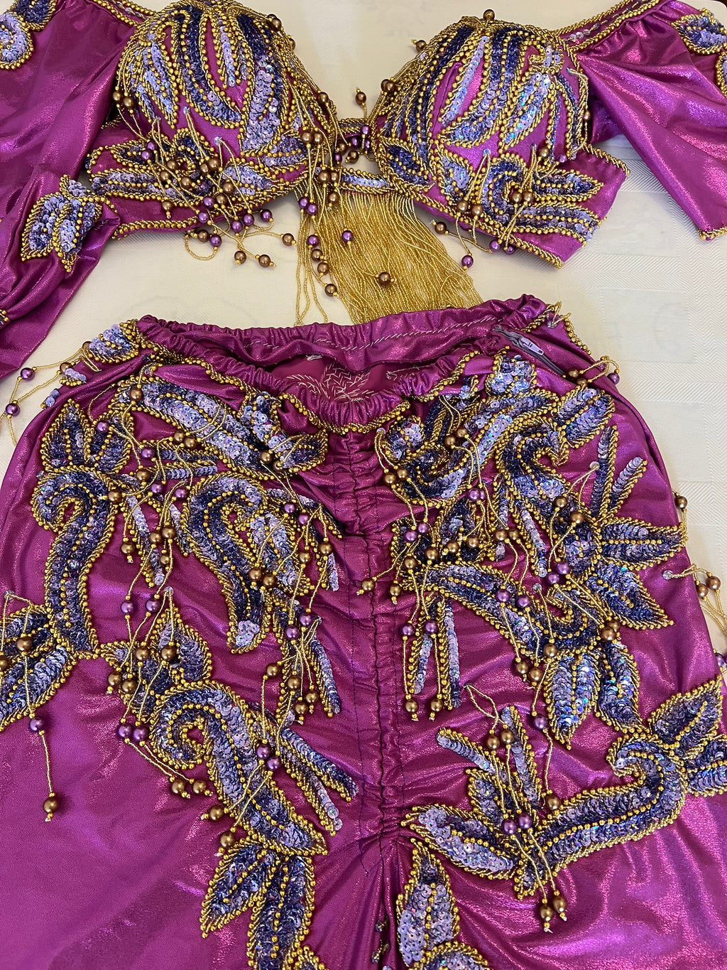Shiny Vibrant Purple Professional Belly dance costume with short sleeves/ Handmade embellished dancing Outfit