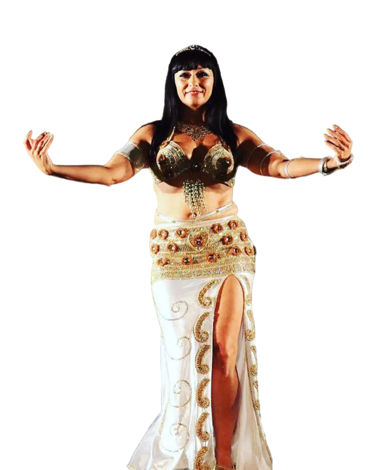 Person wearing an elaborate costume with gold and white details on a white background