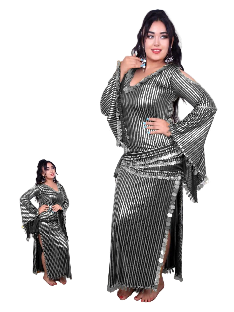 Woman wearing a silver sequin dress with matching jacket on a white background