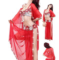 Red belly dance outfit with floral embellishments on a white background