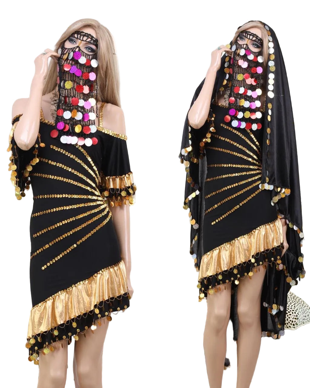 Two models wearing black belly dance dresses with gold embellishments and sequins. One model is covering her face and the other is not.