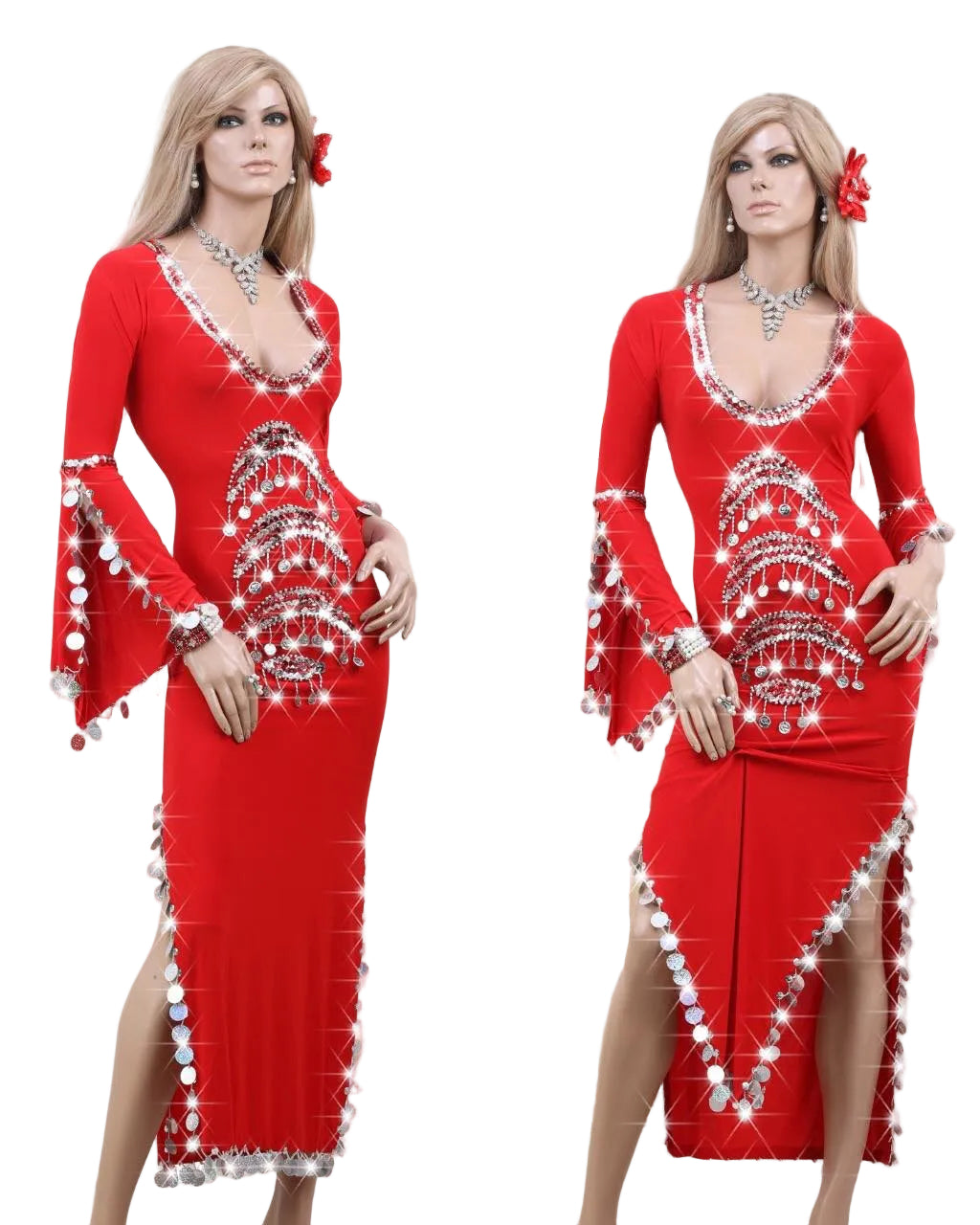 Two mannequins wearing red evening gowns with intricate designs on a white background