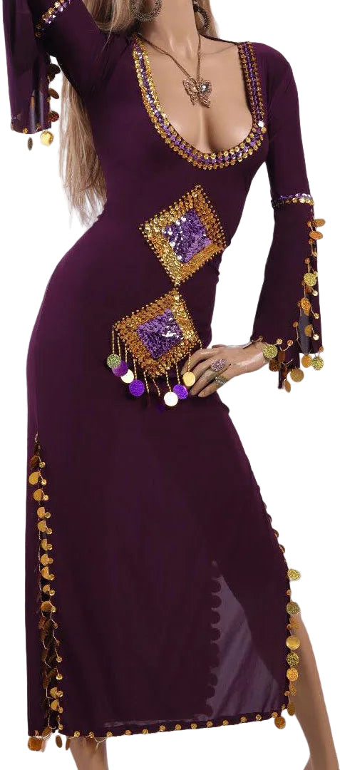 Purple dress with intricate beading and embroidery on a blurred indoor background