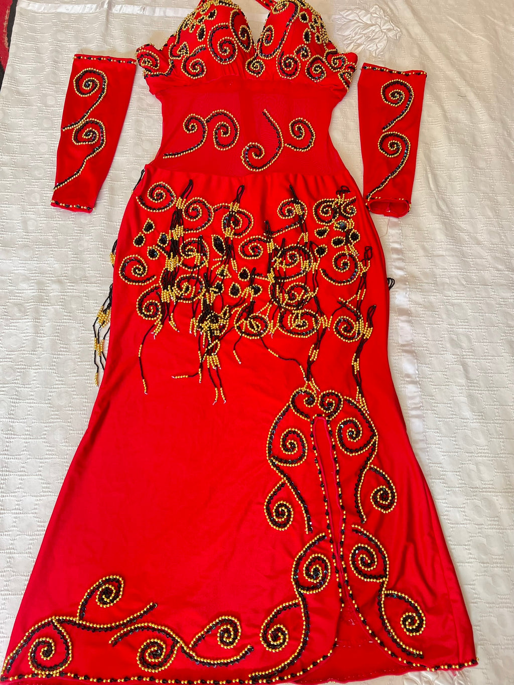 Vibrant Red Egyptian professional belly dance dress oriental dance outfit with arm pieces & head pieces handmade Embellished made to order.