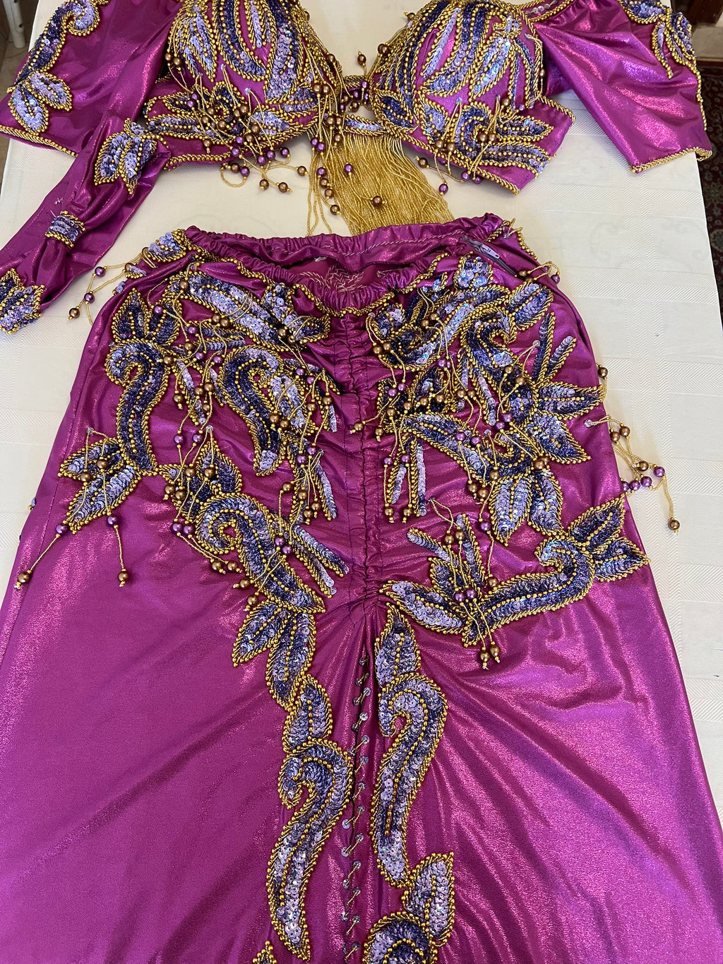 Shiny Vibrant Purple Professional Belly dance costume with short sleeves/ Handmade embellished dancing Outfit