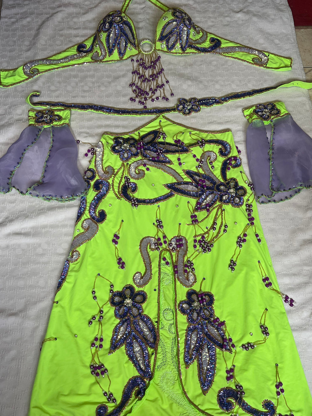 Authentic Egyptian belly dance costume/ Bright lime green with purple sequins
