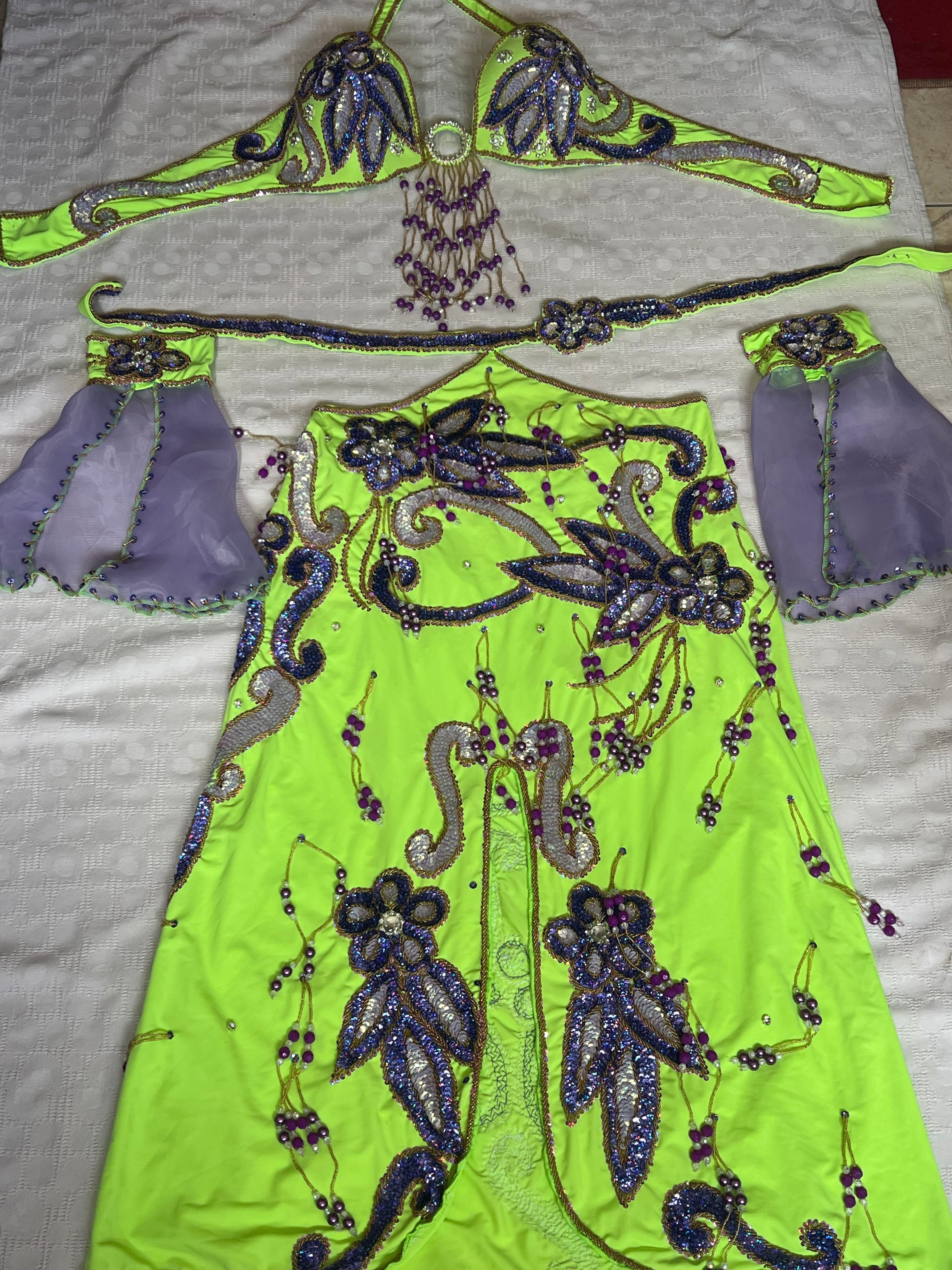 Authentic Egyptian belly dance costume/ Bright lime green with purple sequins