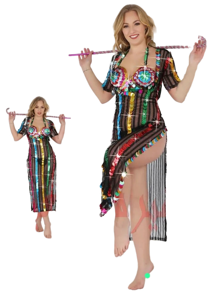 Woman wearing a colorful dress with a brick wall background, featuring Samba Said Lingerie branding.