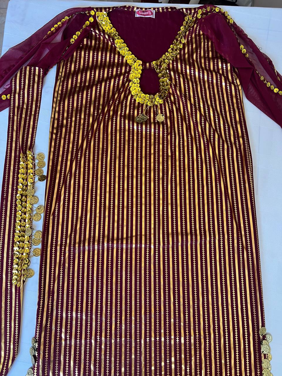 An Egyptian belly dance dress with black and silver stripes and embroidery, featuring a V-neckline and sleeveless design.