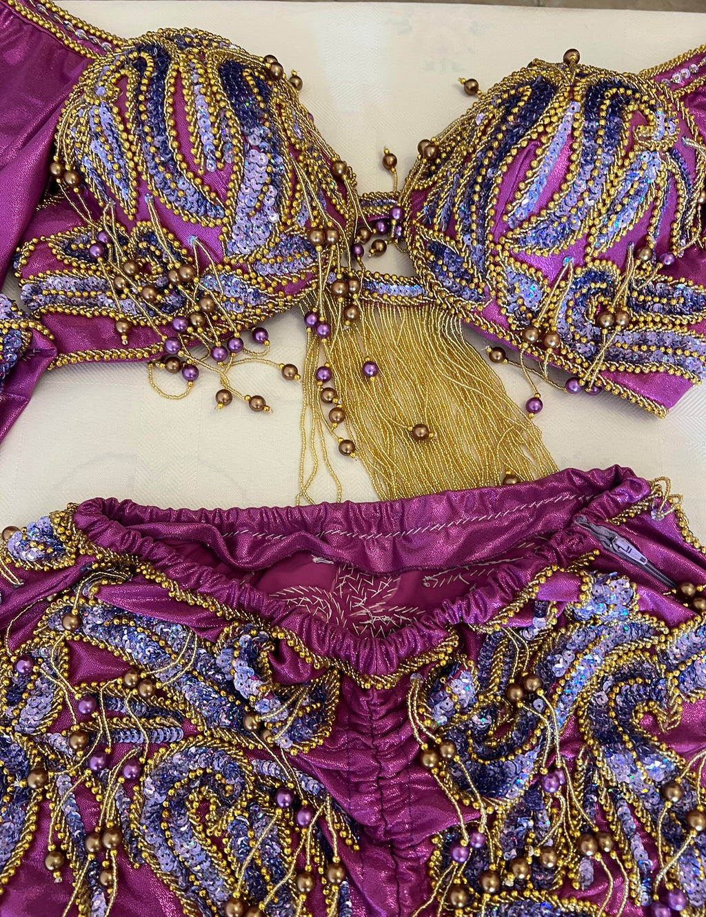 Shiny Vibrant Purple Professional Belly dance costume with short sleeves/ Handmade embellished dancing Outfit