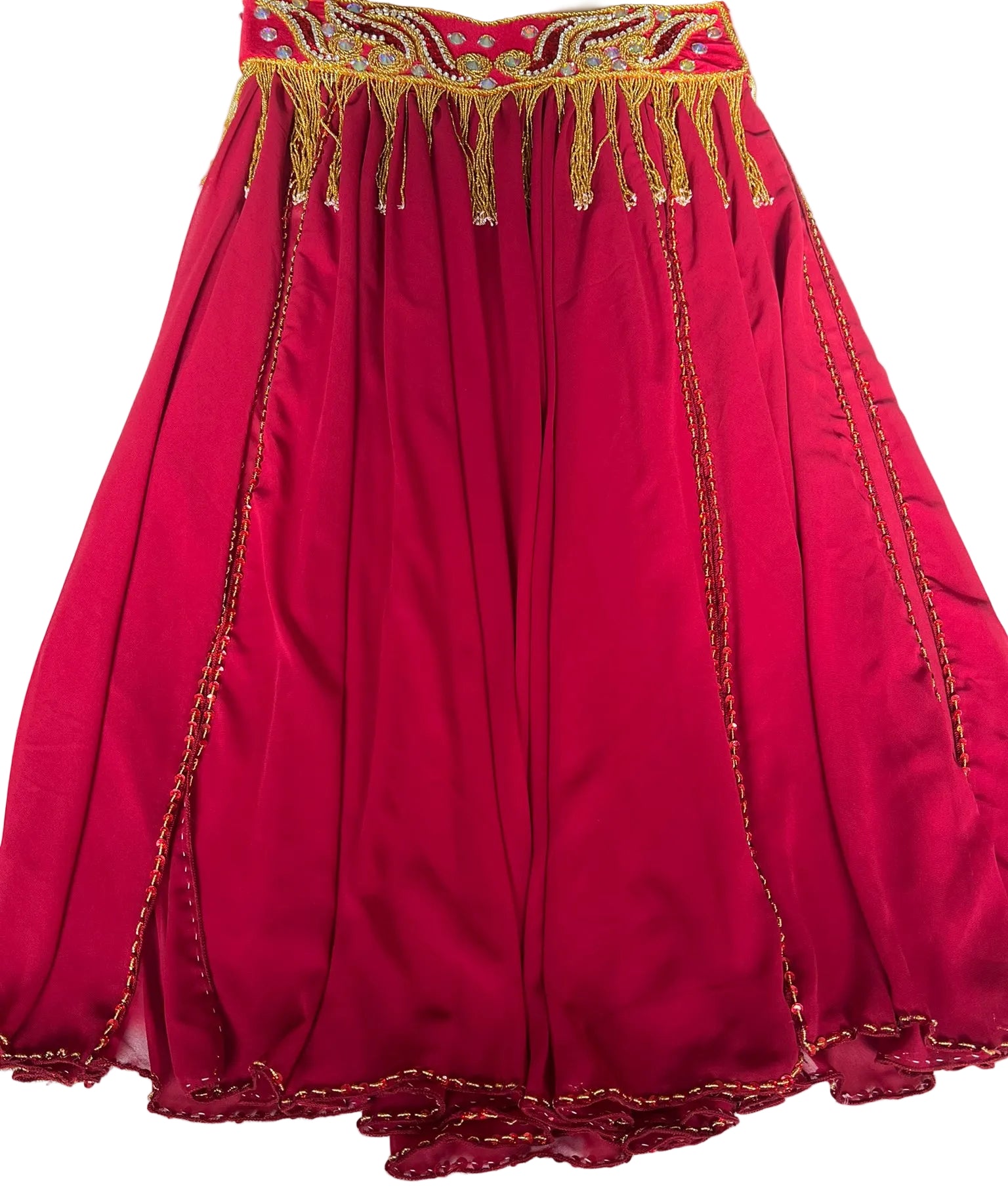 Red skirt with gold embroidery on a white background