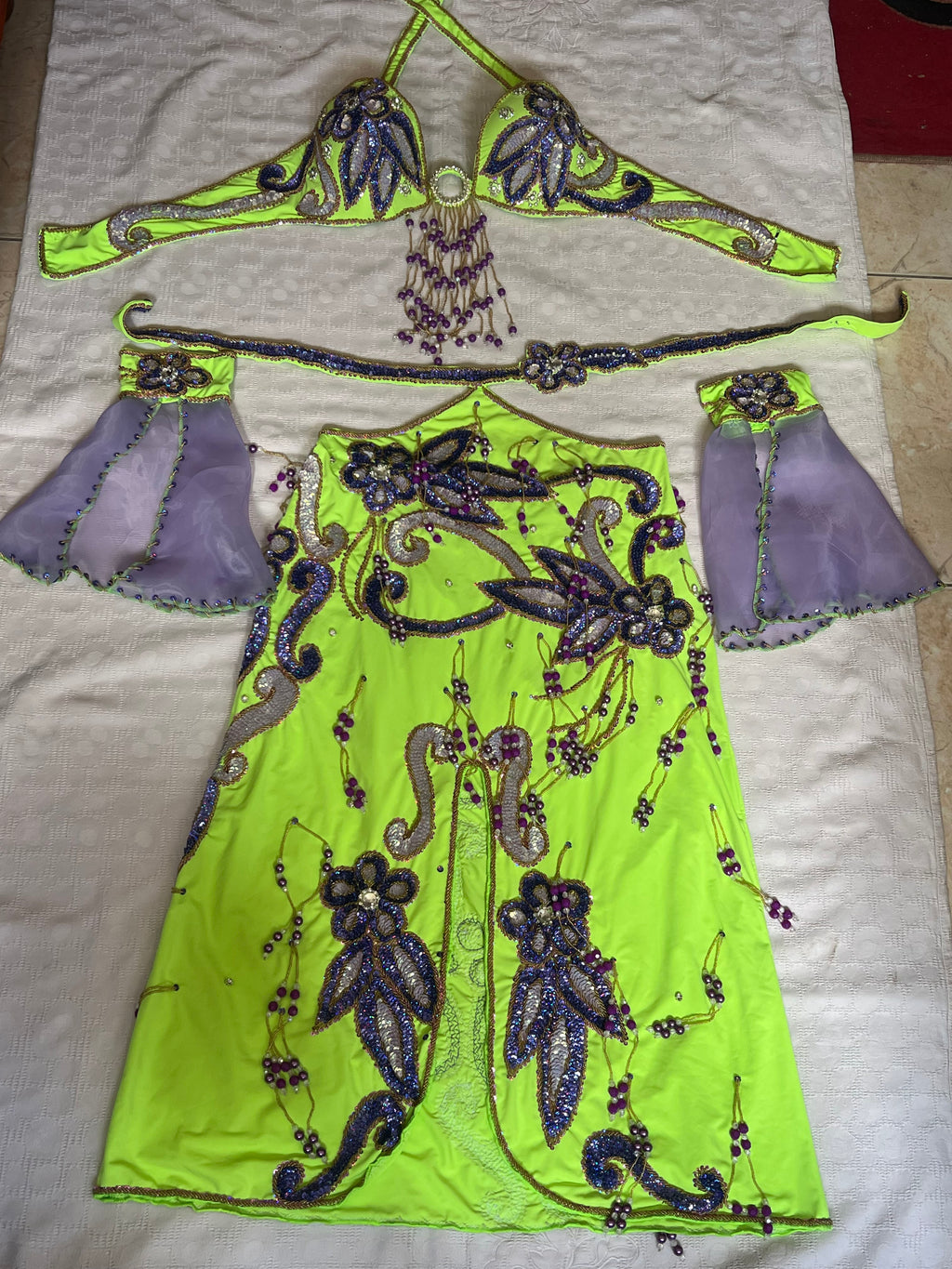 Authentic Egyptian belly dance costume/ Bright lime green with purple sequins