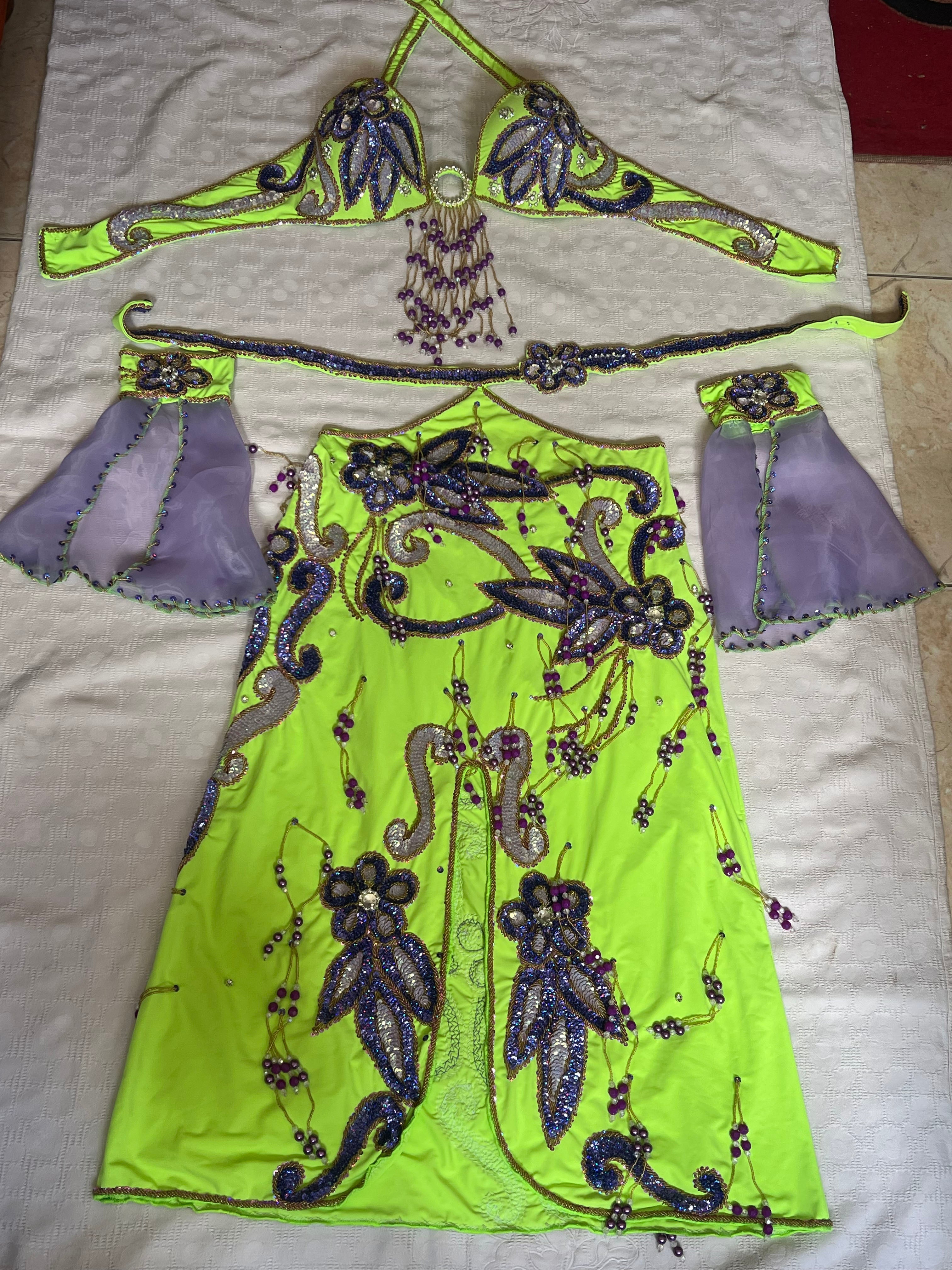 Authentic Egyptian belly dance costume/ Bright lime green with purple sequins
