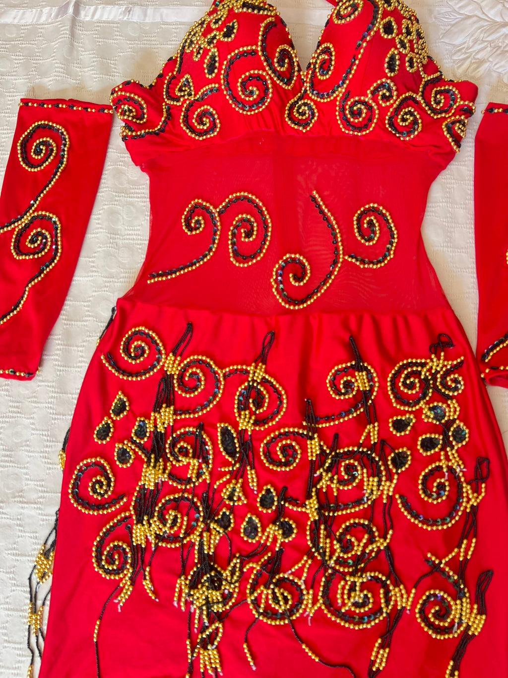 Vibrant Red Egyptian professional belly dance dress oriental dance outfit with arm pieces & head pieces handmade Embellished made to order.