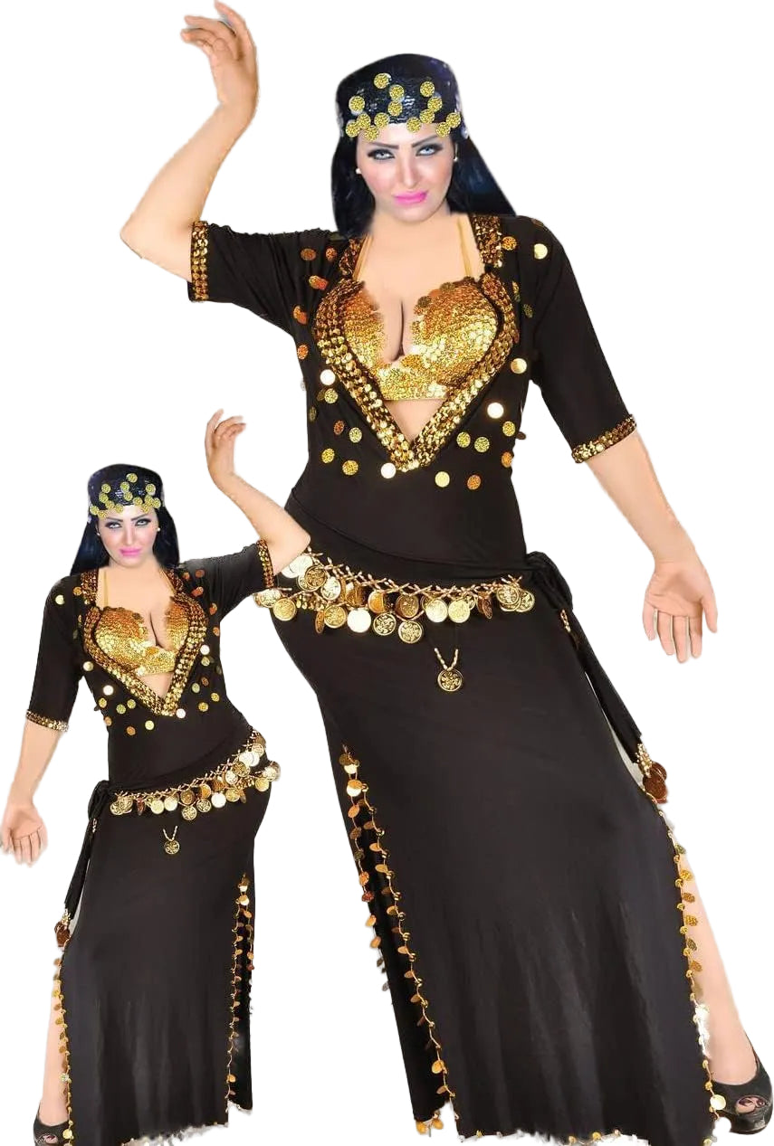 A model wearing a black belly dance costume with embellishments and a headpiece, posing with arms raised and twisting. A smaller version of the costume is also visible in the background.