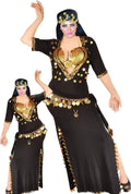 A model wearing a black belly dance costume with embellishments and a headpiece, posing with arms raised and twisting. A smaller version of the costume is also visible in the background.