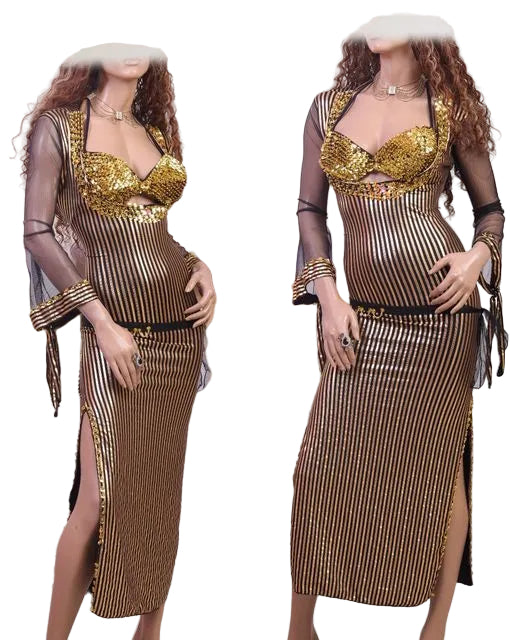 Egyptian belly dance costume, featuring a sequined top with long sleeves and a hip scarf, in black with gold accents.