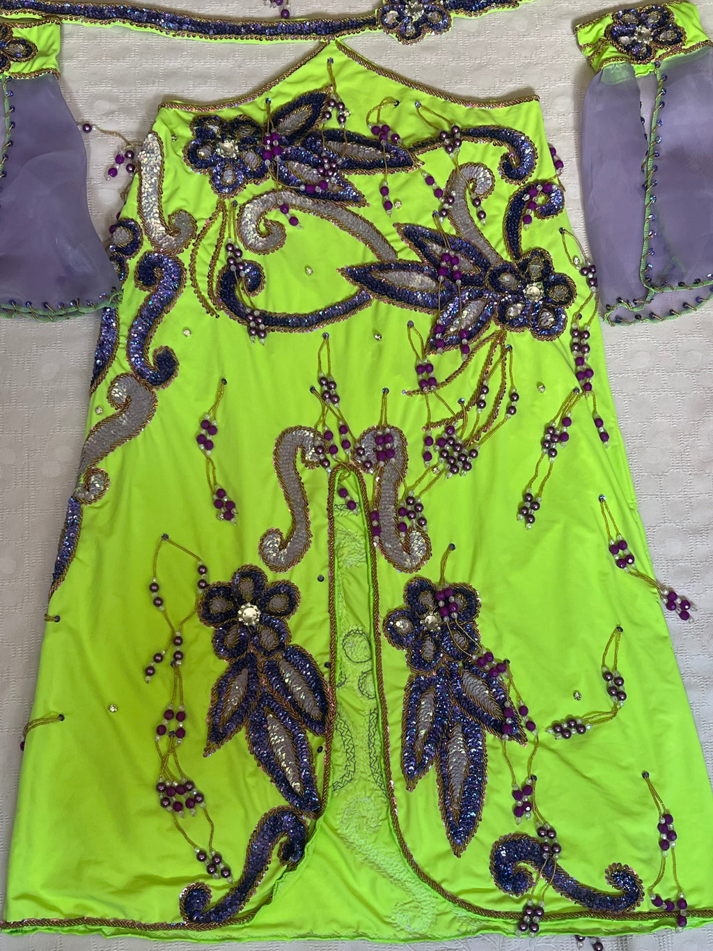 Authentic Egyptian belly dance costume/ Bright lime green with purple sequins