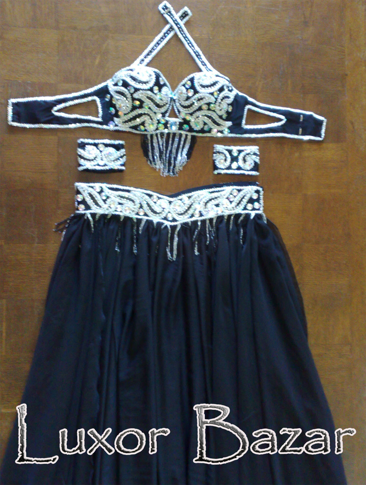 Professional Belly Dance Costume, Egyptian Custom-Made Belly dancer outfit, Belly dance bra, belt, chiffon skirt and arm pieces.