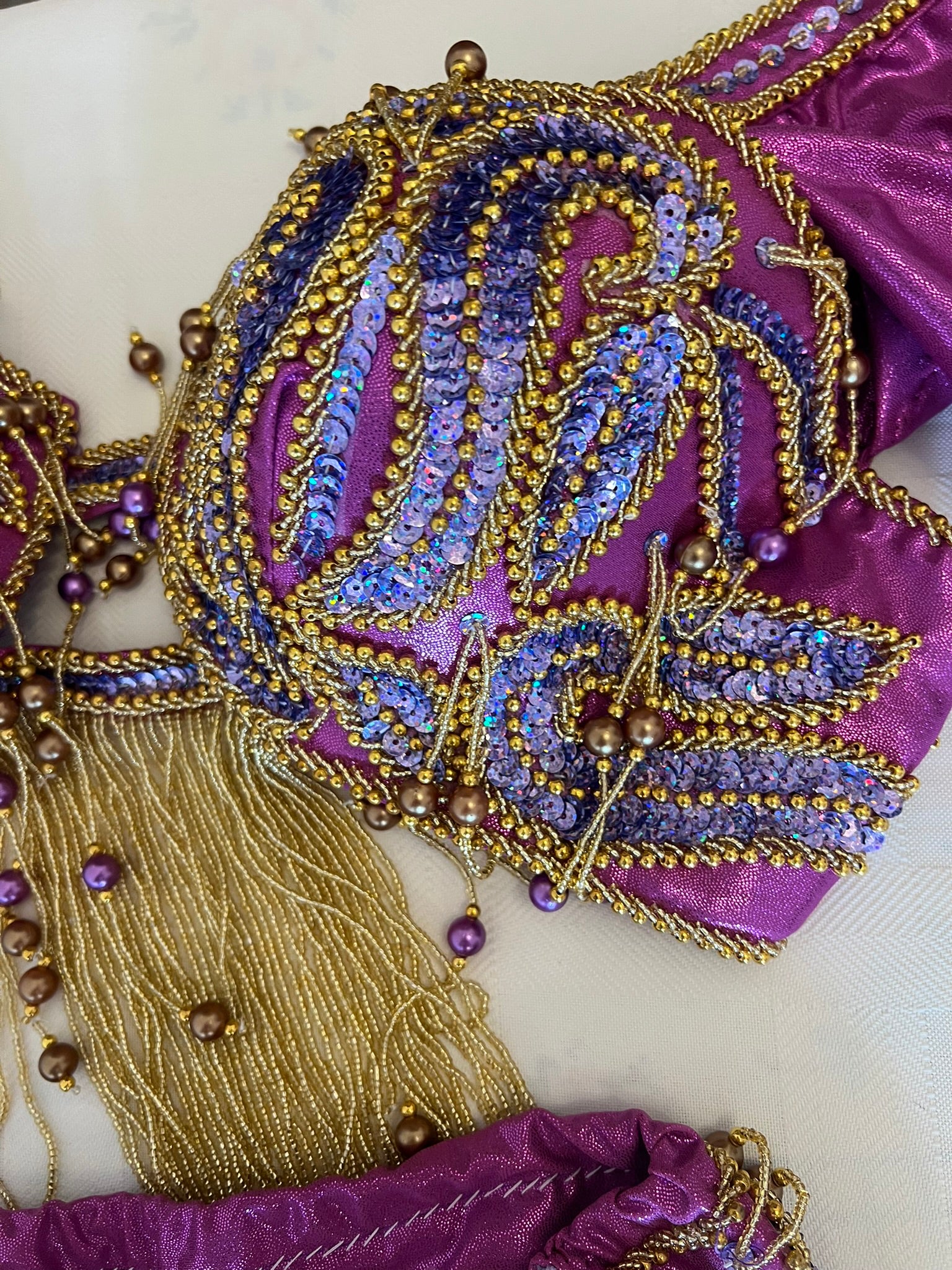 Shiny Vibrant Purple Professional Belly dance costume with short sleeves/ Handmade embellished dancing Outfit