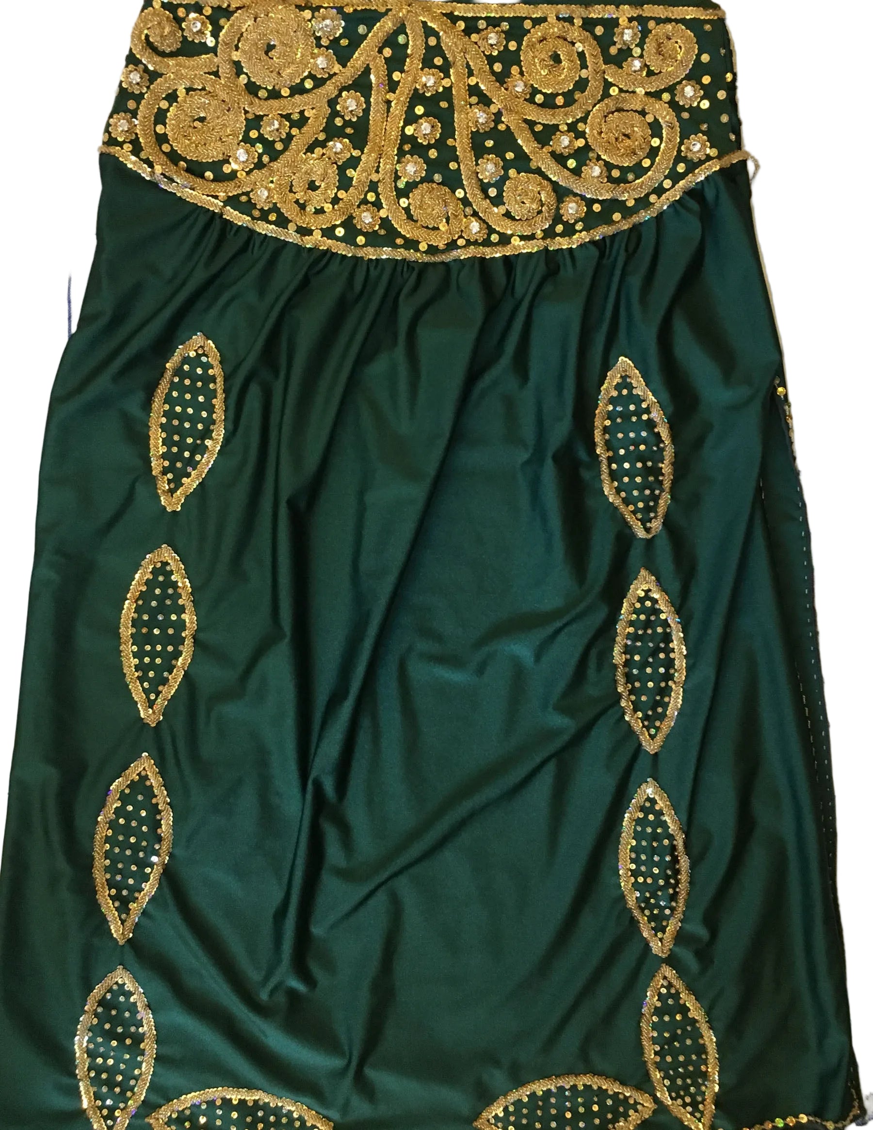 Green fabric with gold embroidery on a white background