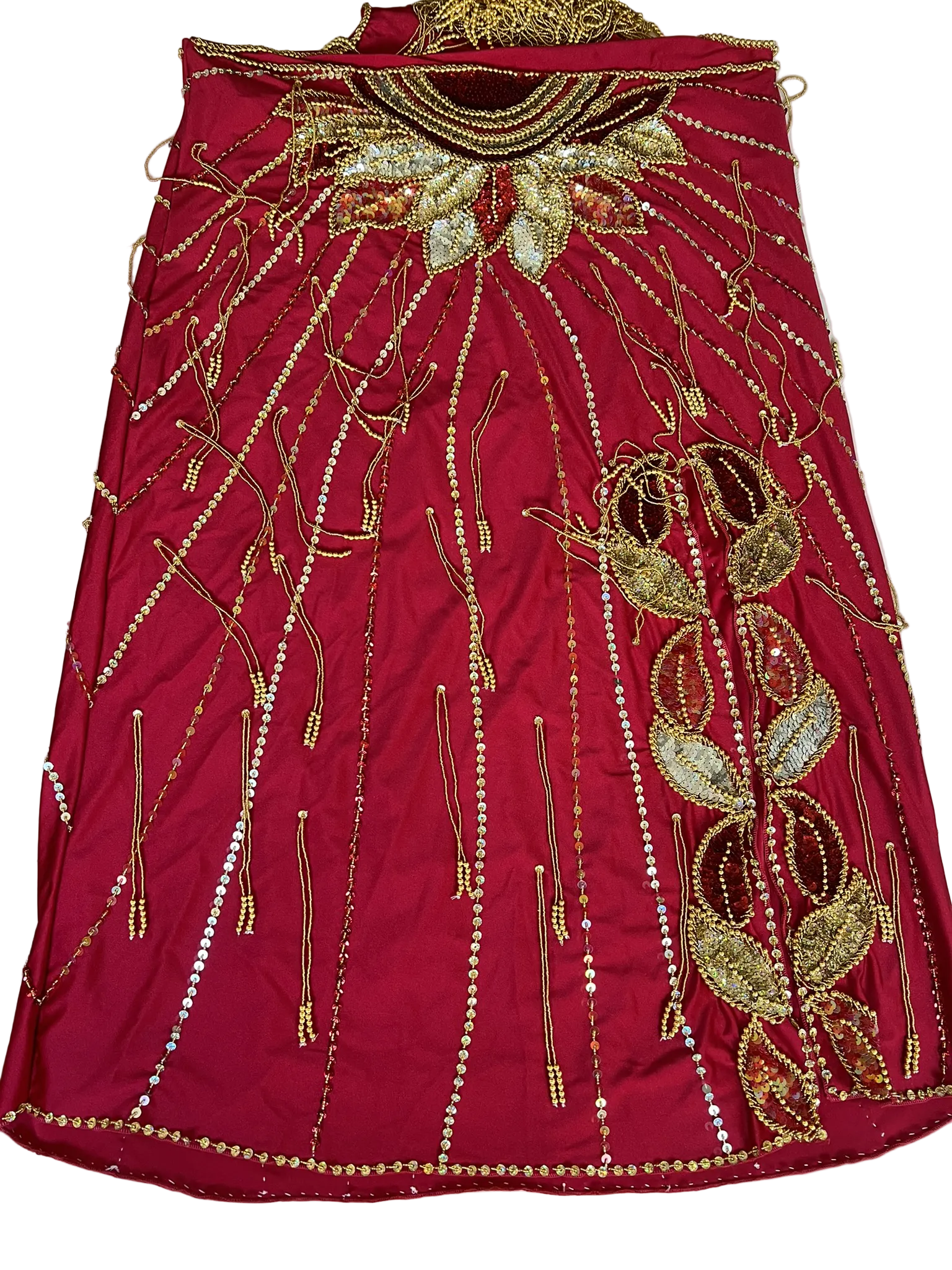 Red skirt with gold embroidery on a white background