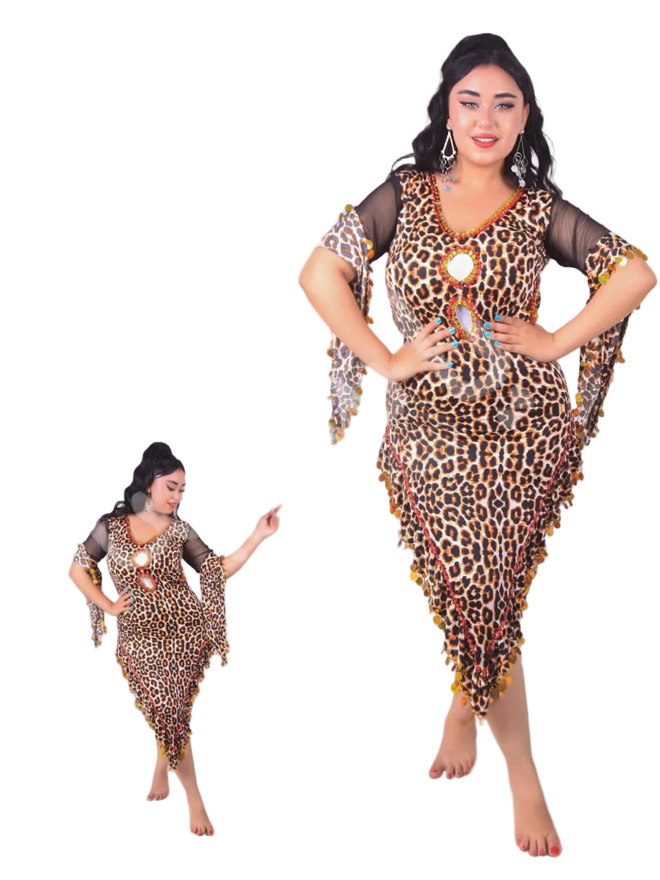 Woman wearing a leopard print dress with sheer sleeves on a white background