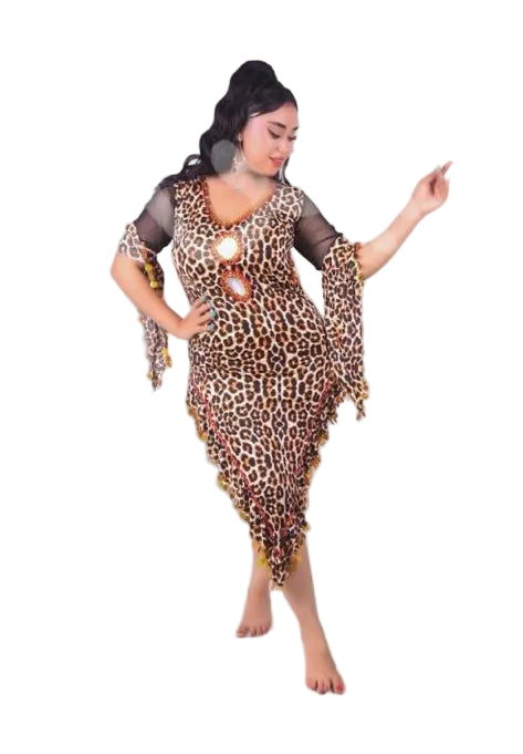 Leopard print belly dance dress, handmade embellished dancing outfit, one-size