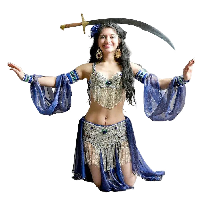 A professional Egyptian belly dance costume featuring a richly decorated belt with glass stones and sequins, in addition to a skirt made of chiffon and lycra fabric.