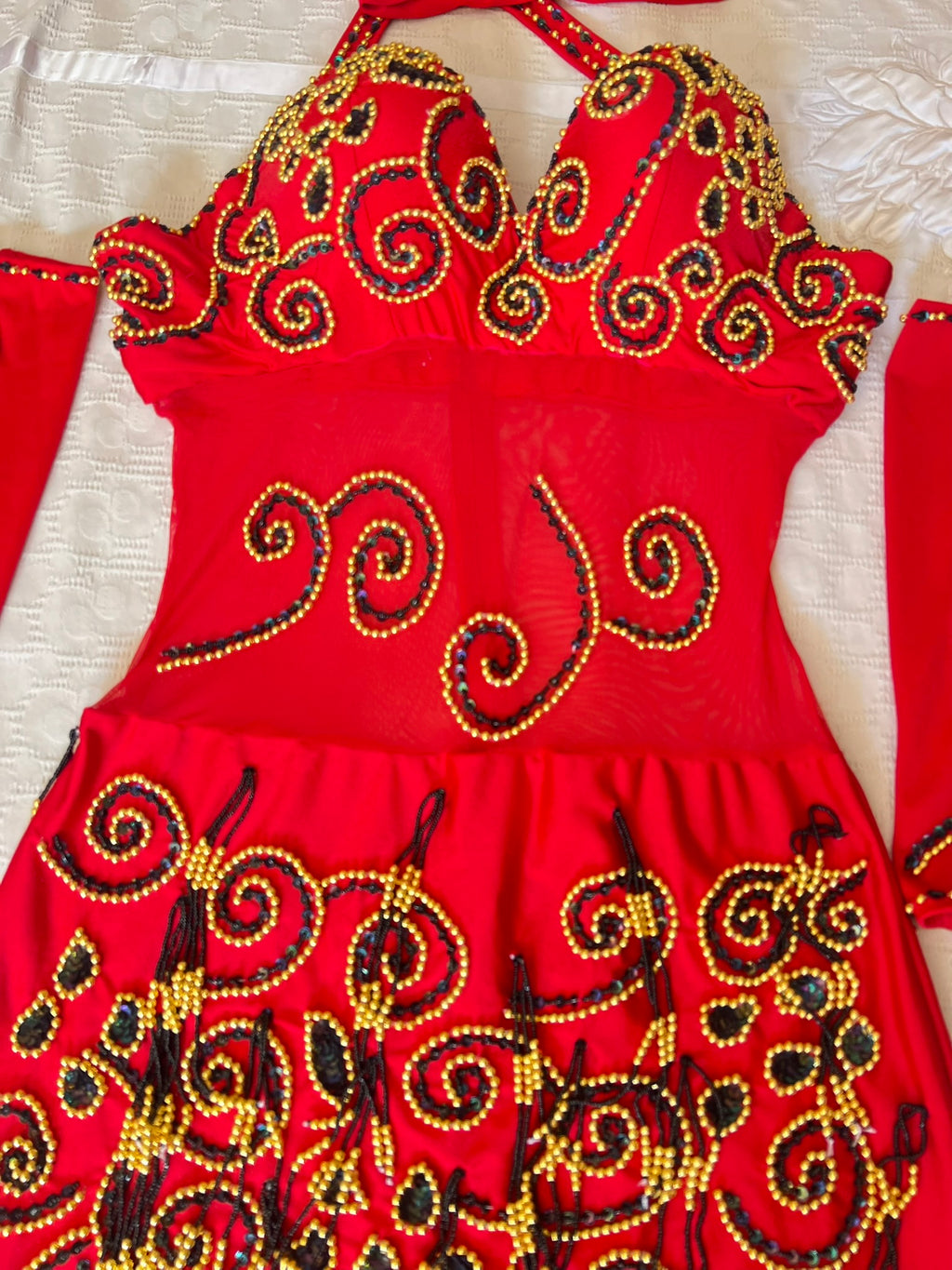 Vibrant Red Egyptian professional belly dance dress oriental dance outfit with arm pieces & head pieces handmade Embellished made to order.