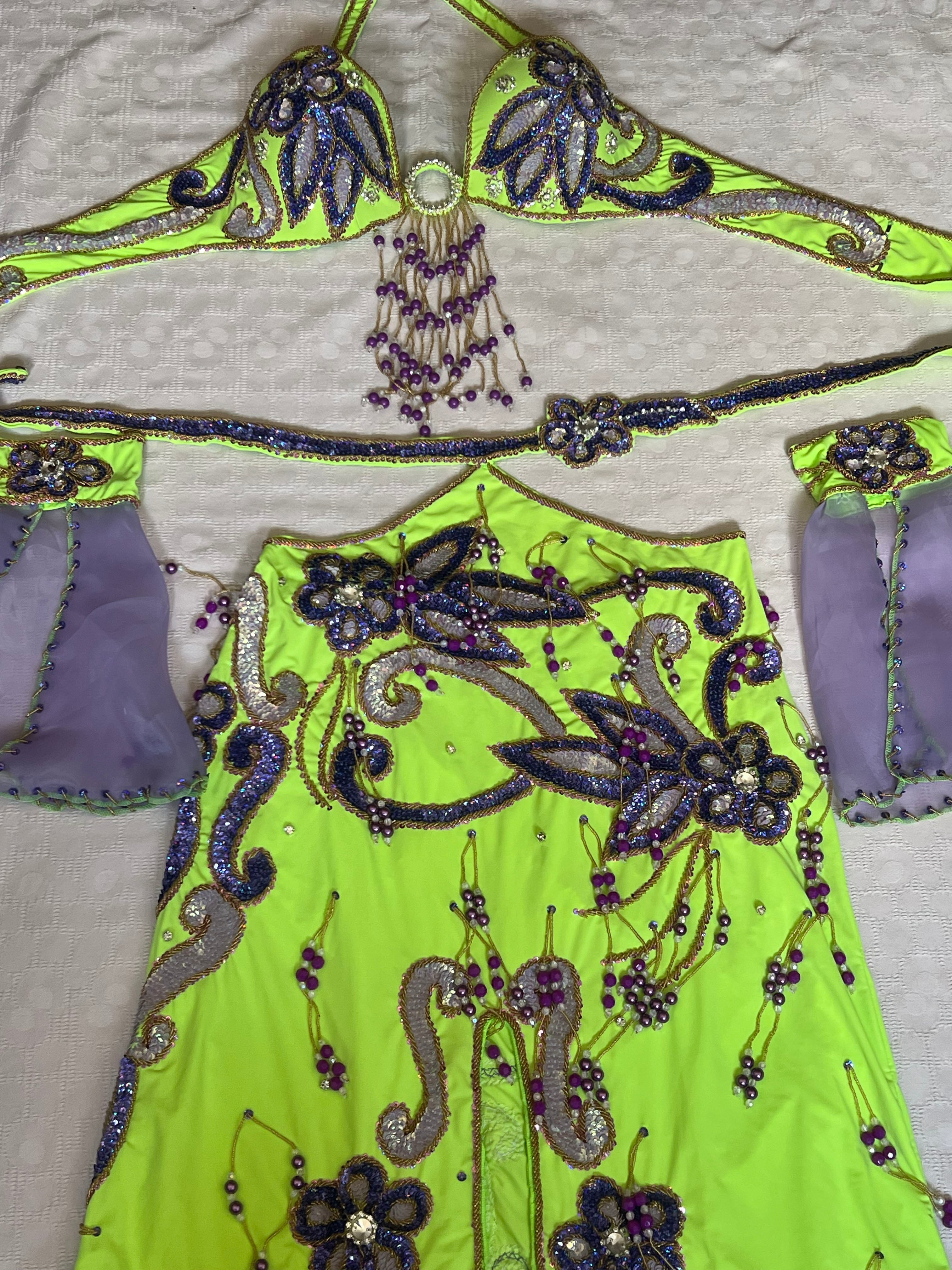 Authentic Egyptian belly dance costume/ Bright lime green with purple sequins