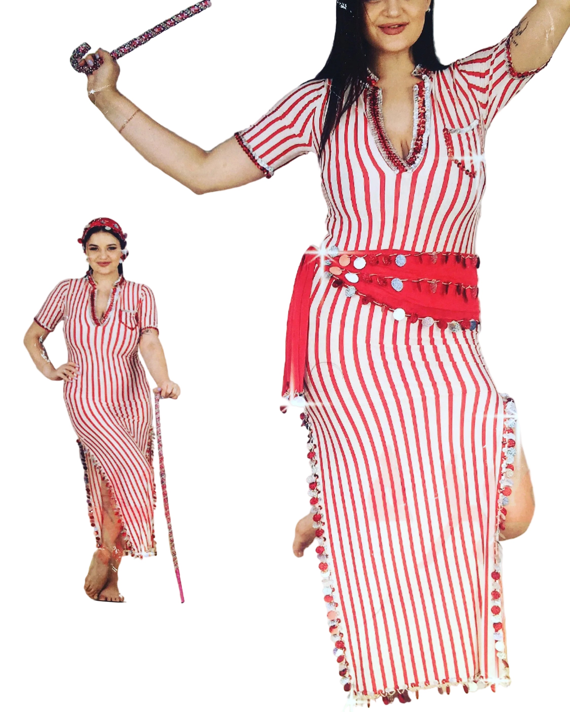 A model wearing an Egyptian belly dance dress with red and white stripes, including a small matching hip scarf.