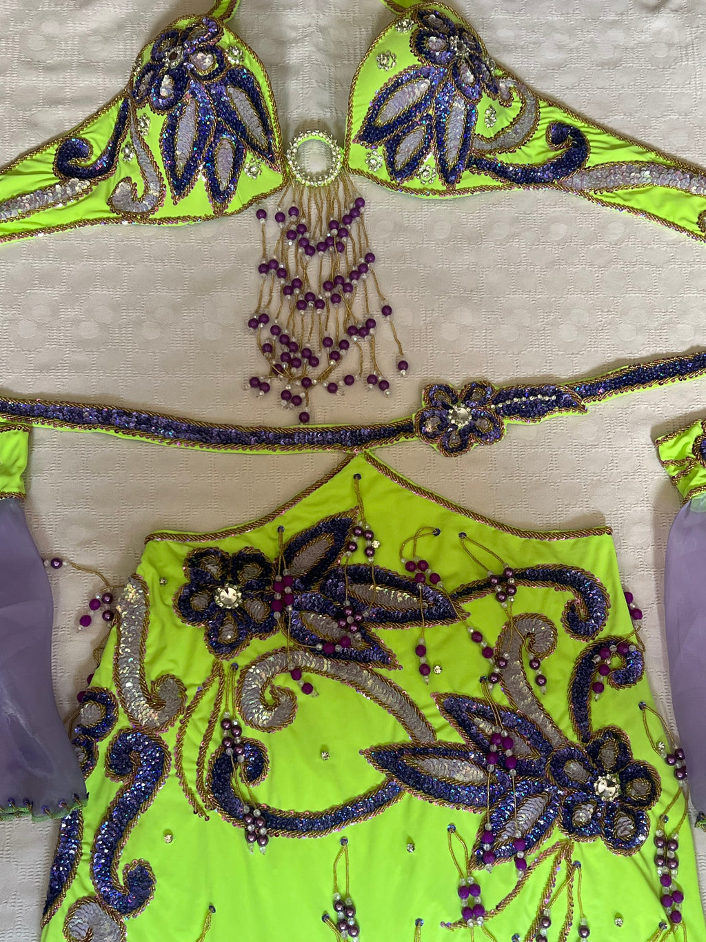 Authentic Egyptian belly dance costume/ Bright lime green with purple sequins